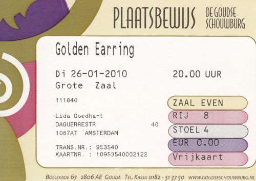 Golden Earring show ticket#8-4 Gouda - Goudse Schouwburg January 26, 2010